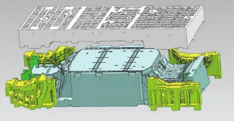 Figure 6 The main sand mold consists of the bottom sand, four side sand sections, and the top sand